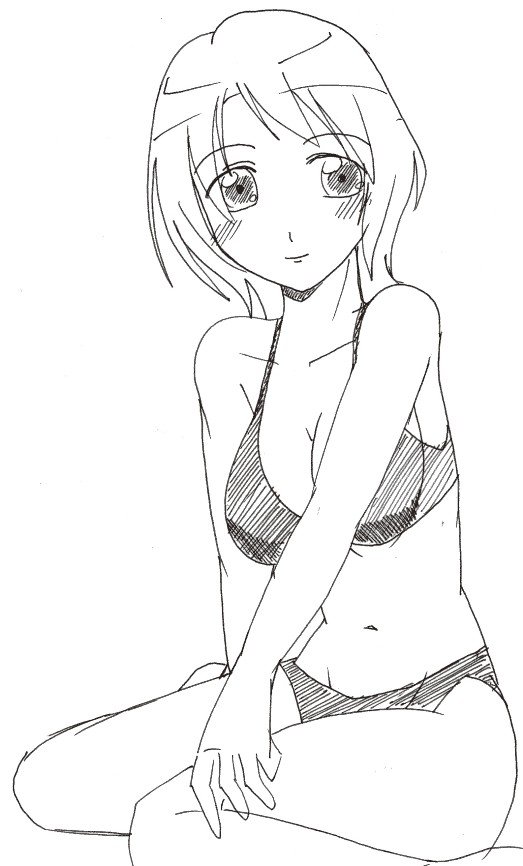 ichijou takakiyo, erstin ho, my-otome, 00s, 1girl, bikini, breasts, cleavage, female focus, greyscale, medium breasts, monochrome, short hair, smile, solo, swimsuit