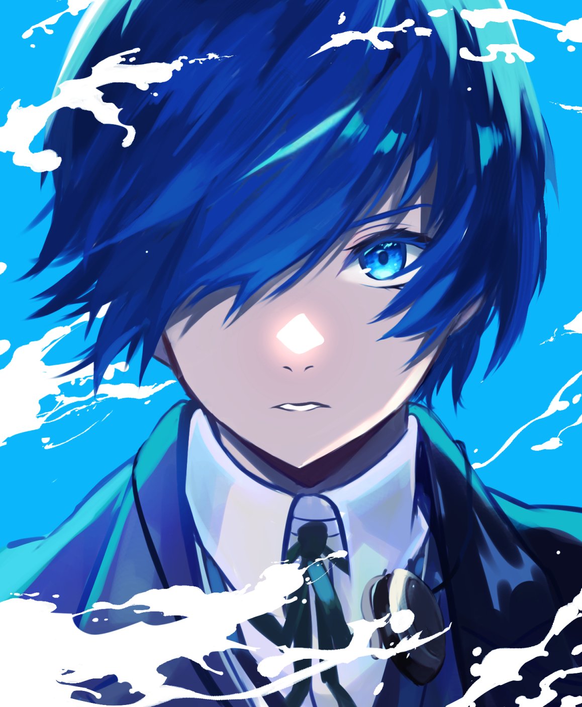spendsea, yuuki makoto (persona 3), persona, persona 3, commentary request, highres, 1boy, black jacket, black ribbon, blue background, blue eyes, blue hair, collared shirt, earphones removed, gekkoukan high school uniform, hair over one eye, jacket, looking at viewer, male focus, neck ribbon, parted lips, ribbon, school uniform, shirt, short hair, solo, straight-on, upper body, white shirt