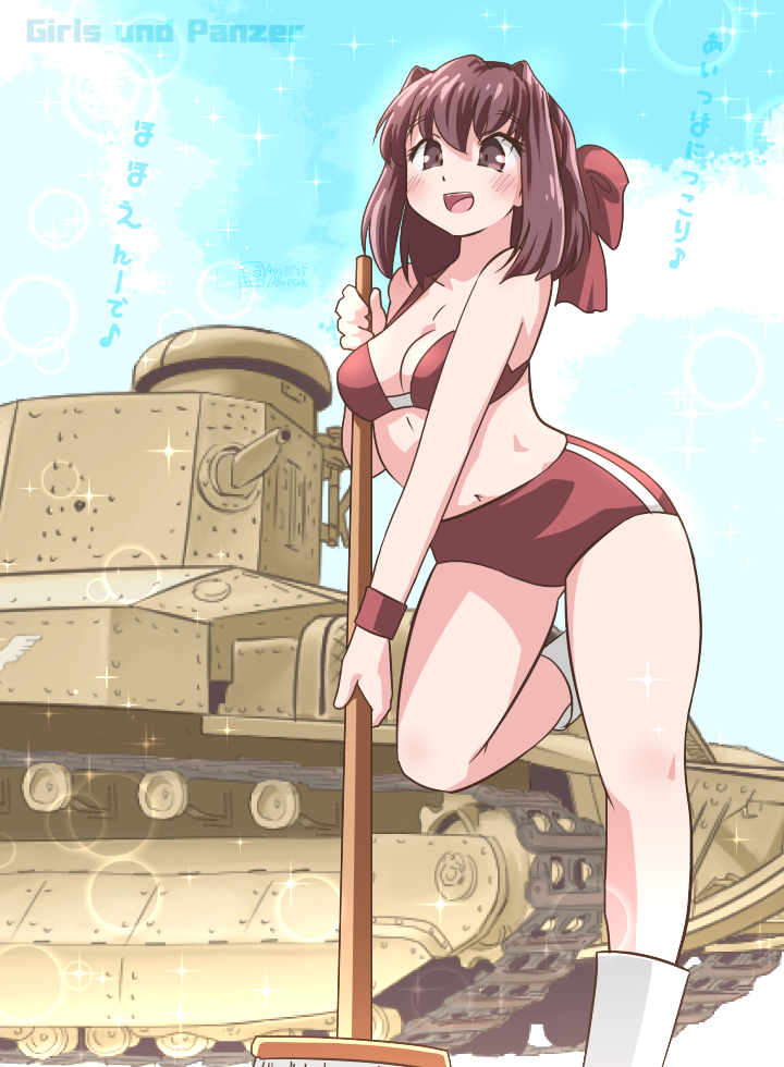 aoneco, kondou taeko, type 89 i-gou, girls und panzer, commentary, translation request, 1girl, artist logo, artist name, bikini, bikini top only, blue sky, breasts, broom, brown eyes, brown hair, buruma, cloud, cloudy sky, copyright name, day, eighth note, headband, holding, holding broom, leg up, logo, medium breasts, medium hair, military vehicle, motor vehicle, musical note, navel, open mouth, outdoors, red bikini, red headband, sky, smile, socks, solo, sparkle, standing, standing on one leg, swimsuit, tank, white socks
