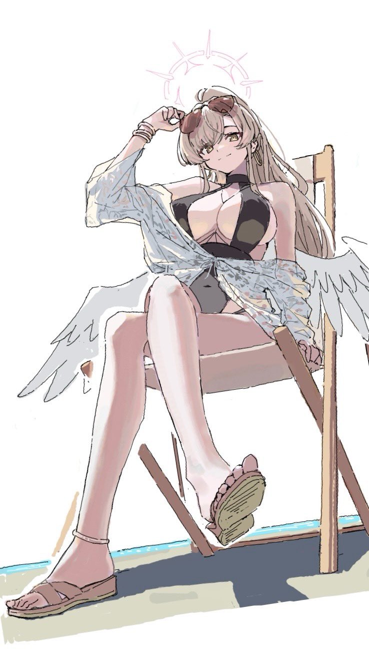 india boots2, nagisa (blue archive), nagisa (swimsuit) (blue archive), blue archive, highres, 1girl, adjusting eyewear, angel wings, anklet, aviator sunglasses, bangle, bare shoulders, black one-piece swimsuit, blonde hair, bracelet, breasts, brown eyes, casual one-piece swimsuit, center opening, cleavage, cleavage cutout, closed mouth, clothing cutout, covered navel, crossed legs, dot nose, earrings, eyewear on head, feathered wings, from below, halo, halterneck, hoop earrings, jewelry, large breasts, long hair, long sleeves, looking at viewer, low wings, off shoulder, official alternate costume, official alternate hairstyle, one-piece swimsuit, ponytail, print shirt, sandals, shirt, simple background, sitting, smile, solo, sunglasses, swimsuit, swimsuit under clothes, tied shirt, tinted eyewear, white background, white shirt, wings