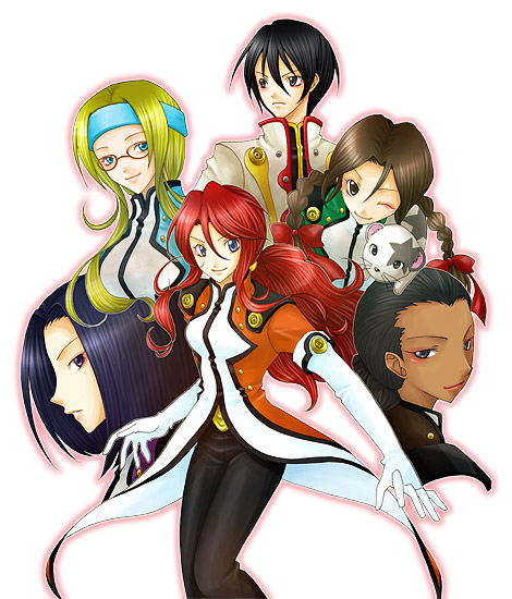 cogwheel, diana caprice, gemini sunrise, kujou subaru, noko (sakura taisen), rikaritta aries, sagitta weinberg, taiga shinjirou, sakura taisen, sakura taisen v, sega, uniform, 00s, 1boy, 5girls, black hair, blonde hair, blue eyes, brown eyes, brown hair, dark skin, glasses, multiple girls, one eye closed, red hair, wink