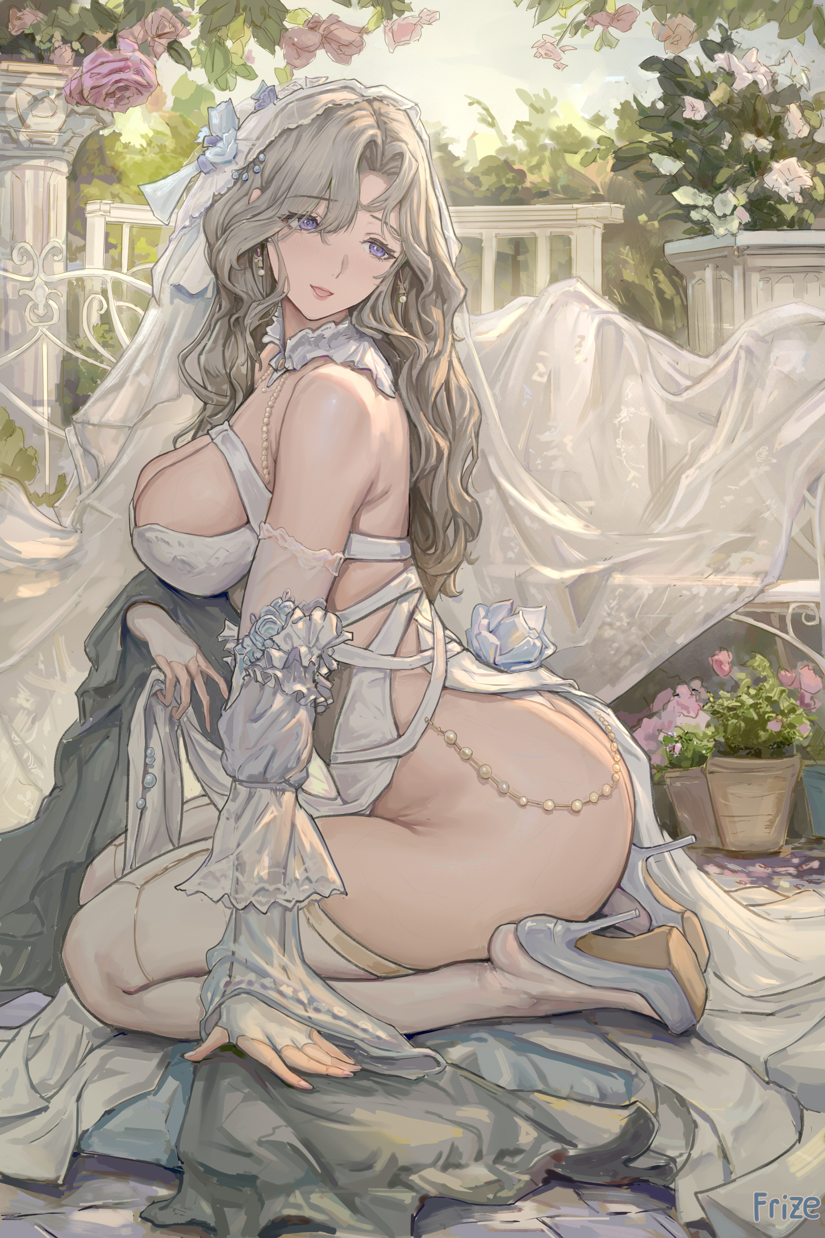 frize fulei, original, absurdres, highres, 1girl, blonde hair, bra, high heels, long hair, looking to the side, mature female, purple eyes, seiza, sitting, solo, underwear, veil, white bra