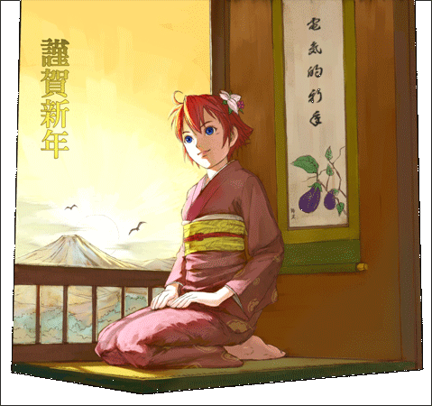 fukukitaru, lowres, barefoot, blue eyes, japanese clothes, kimono, red hair, seiza, short hair, sitting, solo