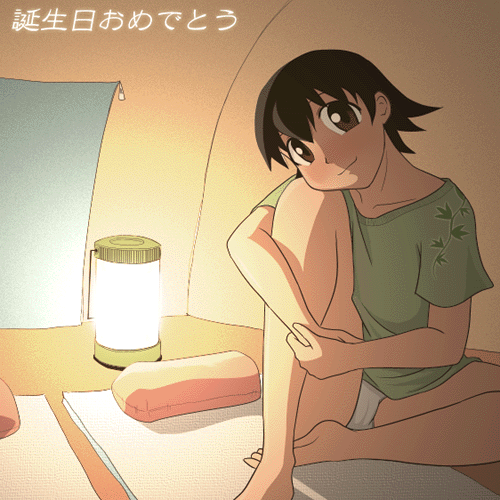 takino tomo, azumanga daiou, duplicate, lowres, 1girl, camping, female focus, indoors, no pants, panties, shirt, solo, t-shirt, tent, underwear