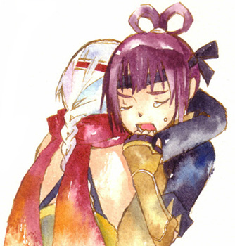 freyjadour falenas, miakis (suikoden), gensou suikoden, gensou suikoden v, lowres, 1boy, 1girl, hetero, hug, simple background, tears