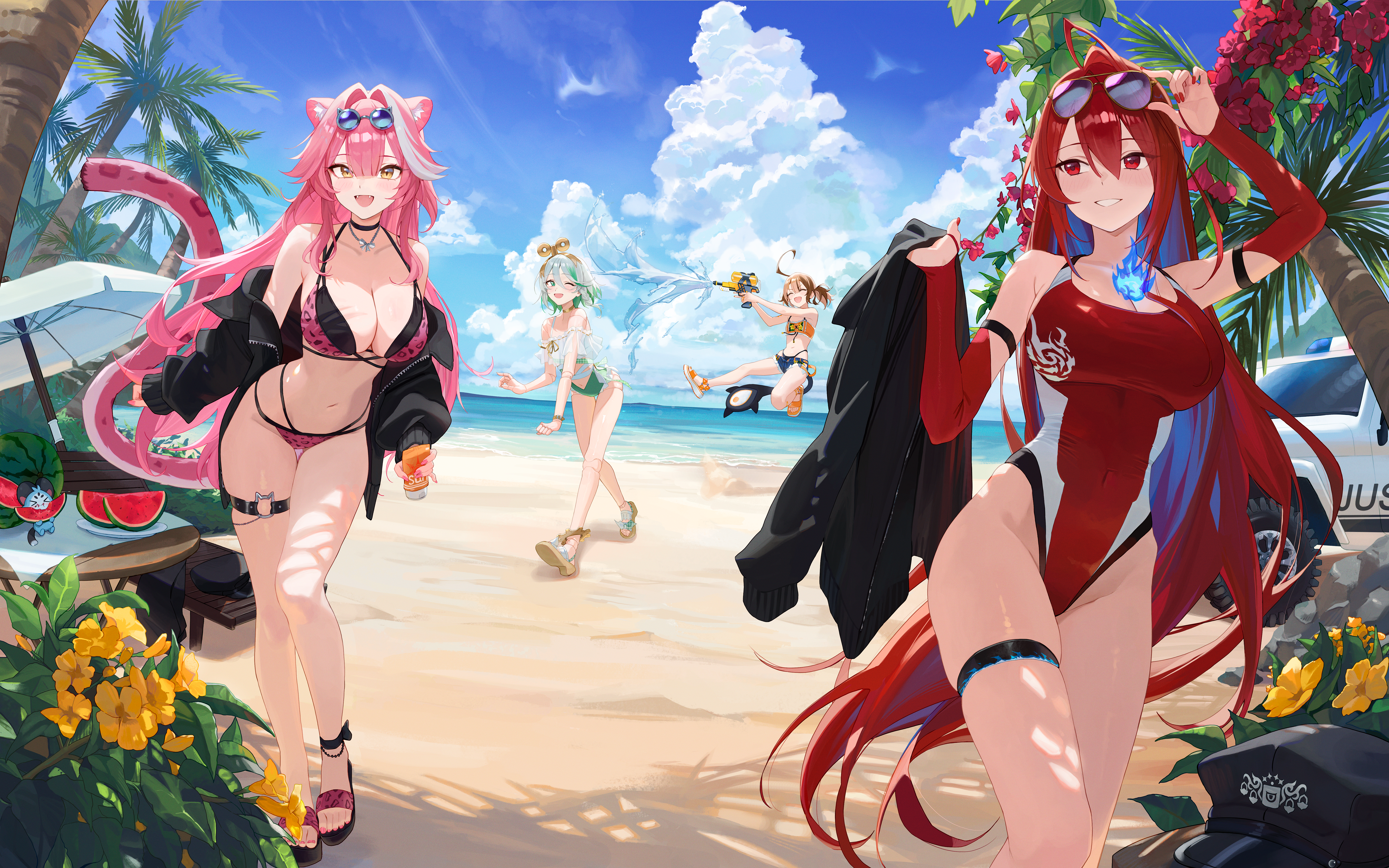 omochiarts, cecilia immergreen, cecilia immergreen (holonatsu paradise), chattino (raora panthera), elizabeth rose bloodflame, elizabeth rose bloodflame (holonatsu paradise), gigi murin, gigi murin (holonatsu paradise), raora panthera, raora panthera (holonatsu paradise), holojustice, hololive, hololive english, holonatsu paradise, absurdres, bilingual commentary, commentary, english commentary, highres, mixed-language commentary, 4girls, :d, ;d, animal ears, animal print, arm behind head, arm up, beach, bikini, bikini under shorts, black jacket, blue fire, blue hair, blue sky, braid, breasts, brown hair, car, center-flap bangs, cleavage, closed eyes, cloud, colored inner hair, day, denim, denim shorts, doll, doll joints, double-parted bangs, dress, english text, eyewear on head, fire, fire on chest, flat chest, food, frilled dress, frills, fruit, full body, green eyes, green hair, green one-piece swimsuit, grey hair, grin, hair between eyes, hair ornament, hat, highleg, highleg bikini, highleg one-piece swimsuit, holding, holding jacket, holding unworn clothes, holding water gun, horizon, jacket, joints, large breasts, leopard print, leopard print bikini, long hair, looking at another, looking at viewer, motor vehicle, multi-strapped bikini bottom, multi-strapped bikini top, multicolored hair, multiple girls, navel, off shoulder, official alternate costume, official alternate hairstyle, one-piece swimsuit, one eye closed, open fly, open mouth, orange bikini, outdoors, panther ears, panther girl, panther tail, pink eyes, pink hair, police car, police hat, print bikini, red eyes, red hair, red one-piece swimsuit, sandals, short hair, short twintails, shorts, side braid, sidelocks, single braid, sky, smile, stomach, streaked hair, sunglasses, swimsuit, tail, thigh strap, twintails, two-tone hair, unworn hat, unworn headwear, unworn jacket, very long hair, virtual youtuber, water gun, watermelon, white hair, winding key, yellow eyes