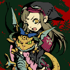 haccan, lowres, brown hair, dragon, fantasy, goggles, long hair, oekaki, ribbon, solo