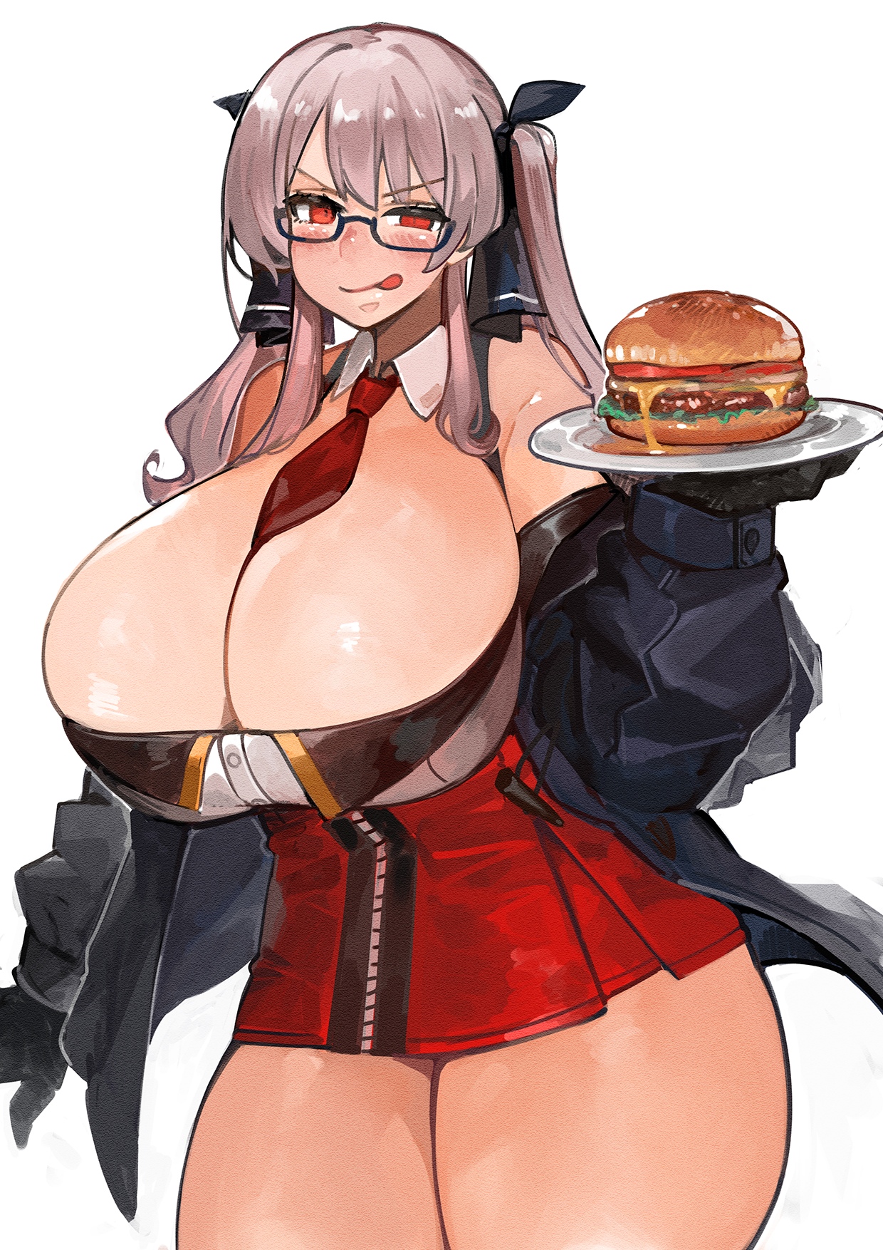 harusame-r, original, highres, 1girl, between breasts, blue jacket, blush, breasts, brown hair, burger, cleavage, closed mouth, collar, dress, food, holding, holding plate, huge breasts, jacket, licking, long hair, looking at viewer, necktie, necktie between breasts, off shoulder, plate, red dress, red necktie, semi-rimless eyewear, simple background, smile, solo, twintails, white background, white collar