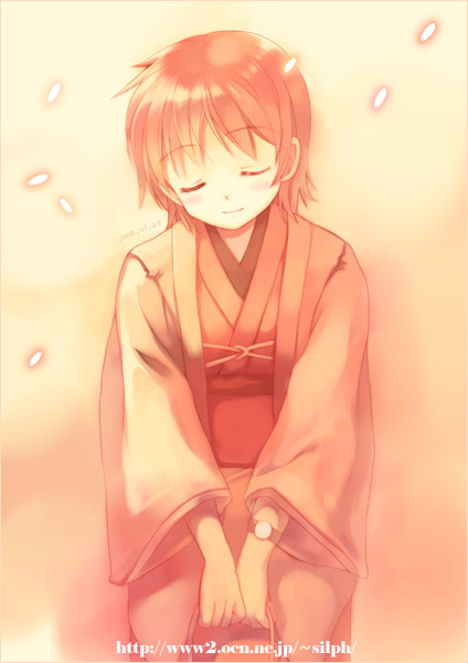 takeda mika, 1girl, closed eyes, female focus, japanese clothes, short hair, solo, standing, watch, watermark, web address, wristwatch