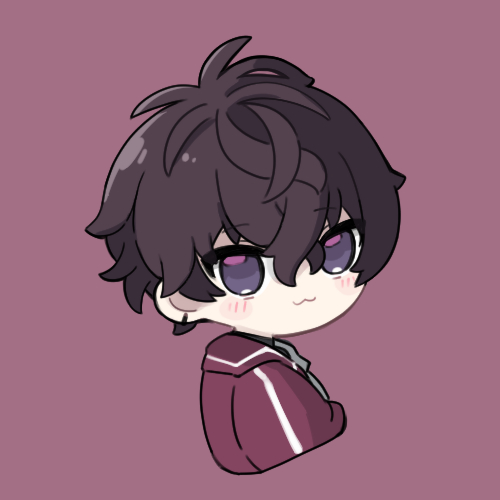 nozo (hitomiz), saiki ittetsu, nijisanji, commentary, lowres, 1boy, :3, black hair, blush stickers, brown background, brown jacket, closed mouth, cropped torso, from side, grey eyes, hair between eyes, jacket, looking at viewer, looking to the side, male focus, simple background, solo, upper body, virtual youtuber