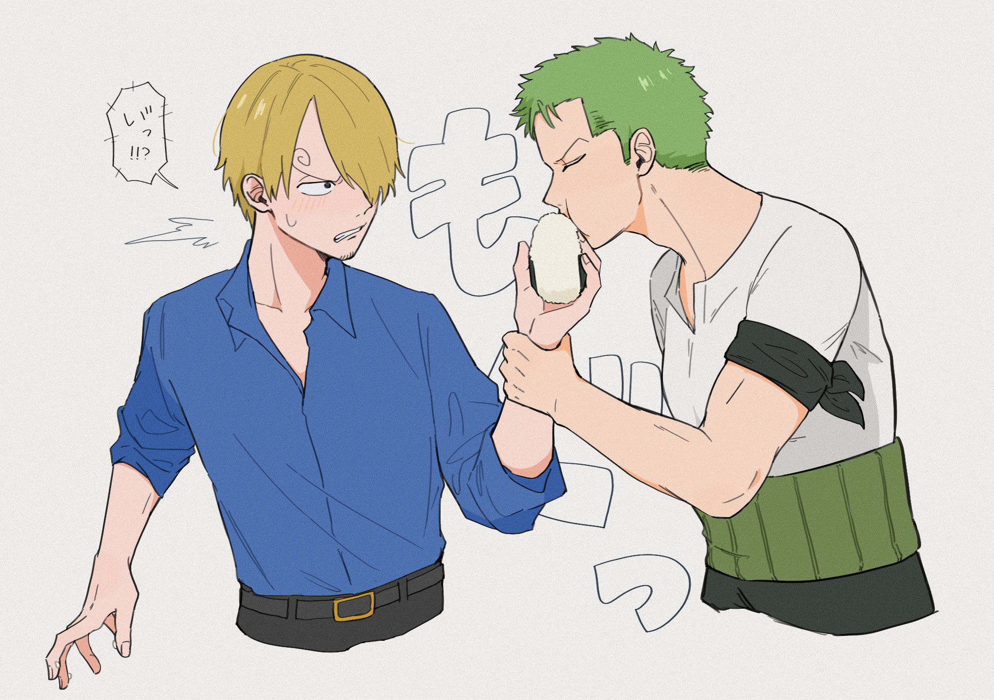 iqracha, roronoa zoro, sanji (one piece), one piece, commentary request, highres, translation request, 2boys, angry, black pants, blonde hair, blue shirt, blush, collared shirt, cropped torso, curly hair, facial hair, food, food theft, goatee stubble, green hair, grimace, holding another's wrist, male focus, multiple boys, onigiri, pants, shirt, short hair, sideburns, simple background, speech bubble, stubble, sweatdrop