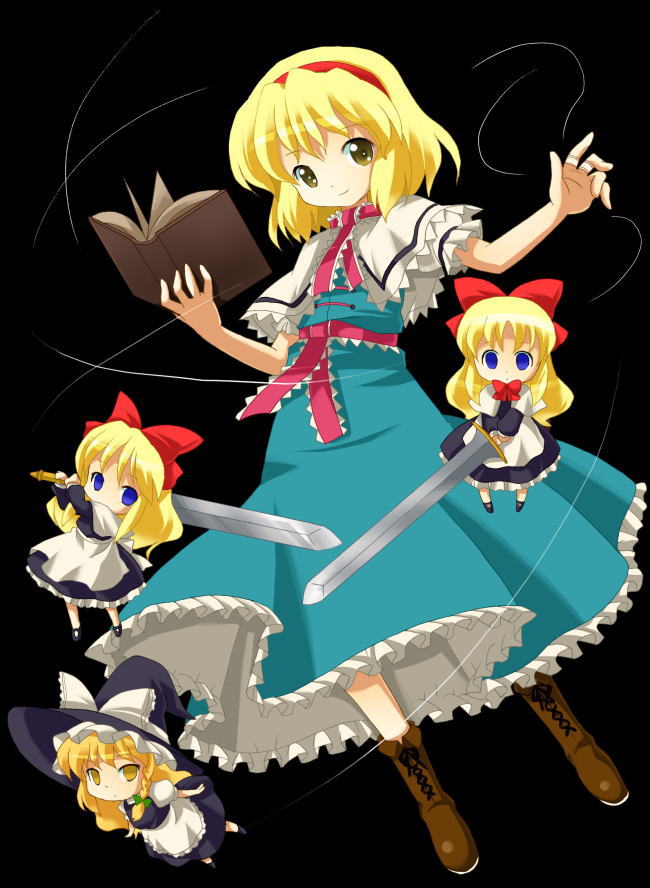 michii yuuki, alice margatroid, kirisame marisa, shanghai doll, touhou, 1girl, black background, blonde hair, blue dress, blue eyes, book, bow, character doll, doll, dress, female focus, full body, hair bow, hat, hat bow, headband, holding, holding book, looking at viewer, open book, smile, solo, string, sword, weapon, witch hat, yellow eyes