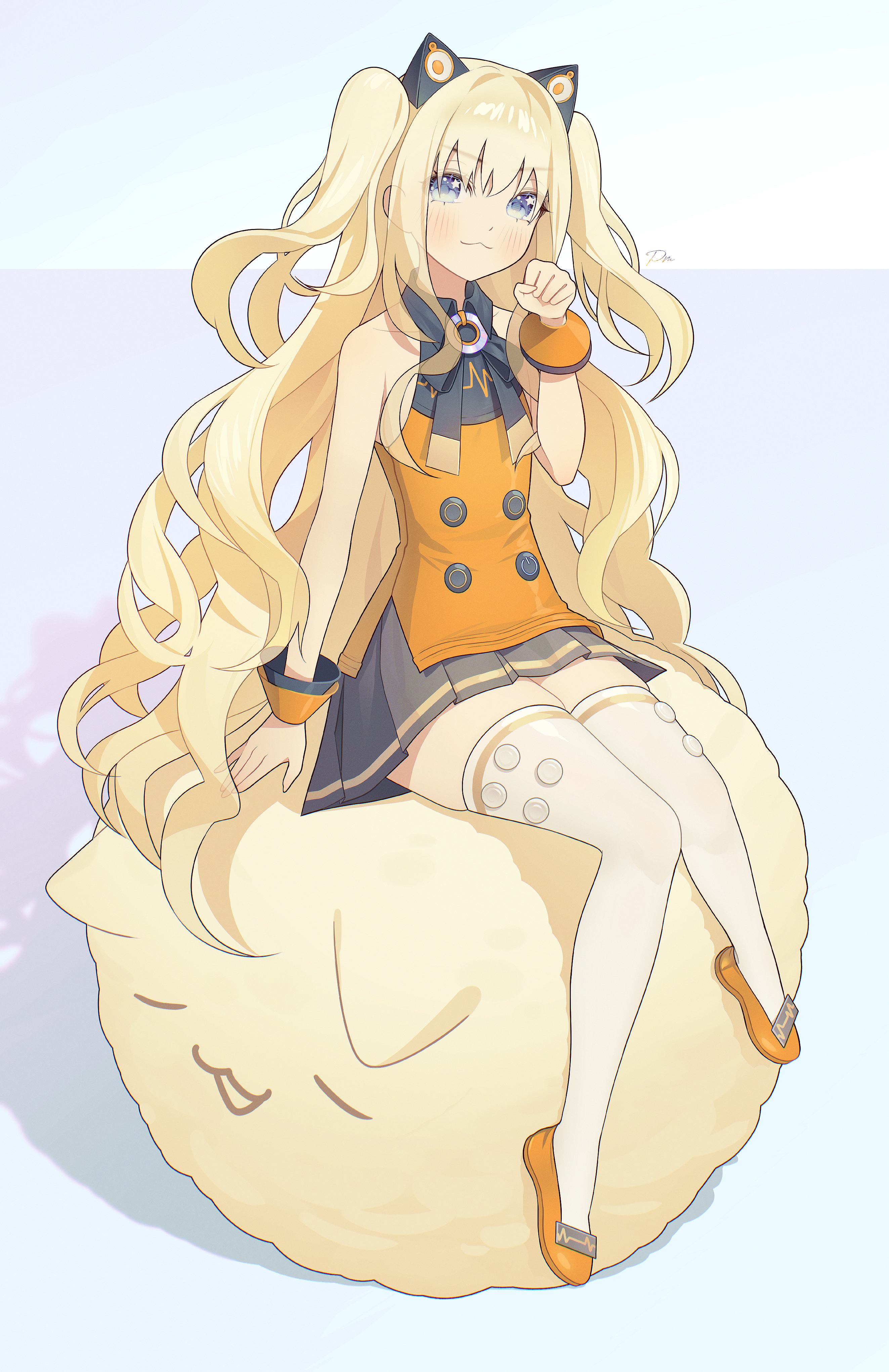 pm (lily112100), seeu, vocaloid, absurdres, commentary, highres, symbol-only commentary, 1girl, :3, animal ears, arm support, bare arms, bare shoulders, black bow, black bowtie, blue eyes, blush, bow, bowtie, buttons, cat, cat ears, clenched hand, closed mouth, collarbone, collared shirt, double-breasted, eyes visible through hair, flat chest, from above, full body, grey background, grey skirt, hair between eyes, hand up, knees together feet apart, long hair, looking at viewer, miniskirt, orange shirt, orange shoes, paw pose, pleated skirt, shadow, shirt, shoes, signature, simple background, sitting, skindentation, skirt, sleeveless, sleeveless shirt, solo, star (symbol), star in eye, symbol in eye, thighhighs, two side up, v-shaped eyebrows, very long hair, wavy hair, white thighhighs, zettai ryouiki