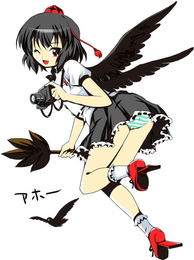 michii yuuki, shameimaru aya, touhou, 1girl, female focus, geta, hat, looking at viewer, open mouth, panties, smile, solo, striped clothes, striped panties, tengu-geta, underwear