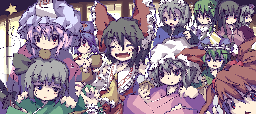 hakurei reimu, houraisan kaguya, izayoi sakuya, kochiya sanae, konpaku youmu, konpaku youmu (ghost), onozuka komachi, remilia scarlet, shiki eiki, yagokoro eirin, yasaka kanako, touhou, 6+girls, brown hair, closed eyes, cookie, fang, female focus, food, frog hair ornament, gourd, green hair, hair ornament, hat, katana, mob cap, multiple girls, open mouth, red eyes, rod of remorse, star (symbol), sword, weapon