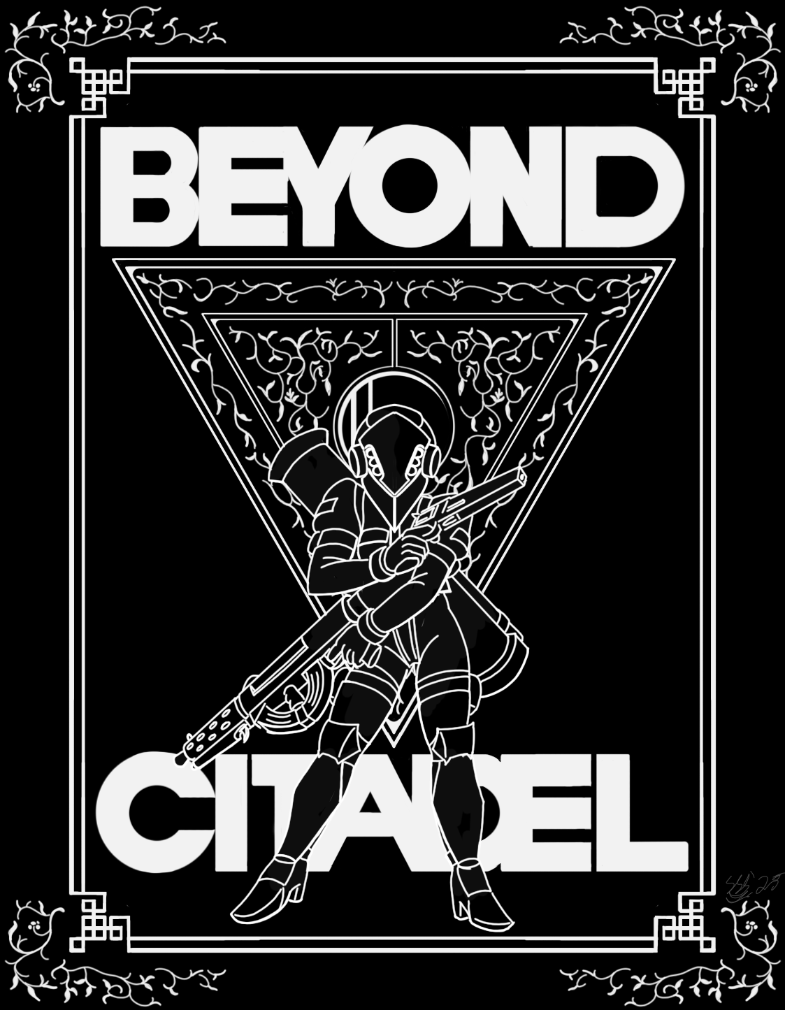 martyr (the citadel), beyond citadel, the citadel, asymmetrical dual wielding, boots, copyright name, dual wielding, gun, helmet, holding, long sleeves, mask, monochrome, parody, reveal, revealing clothes, rifle, style parody, weapon