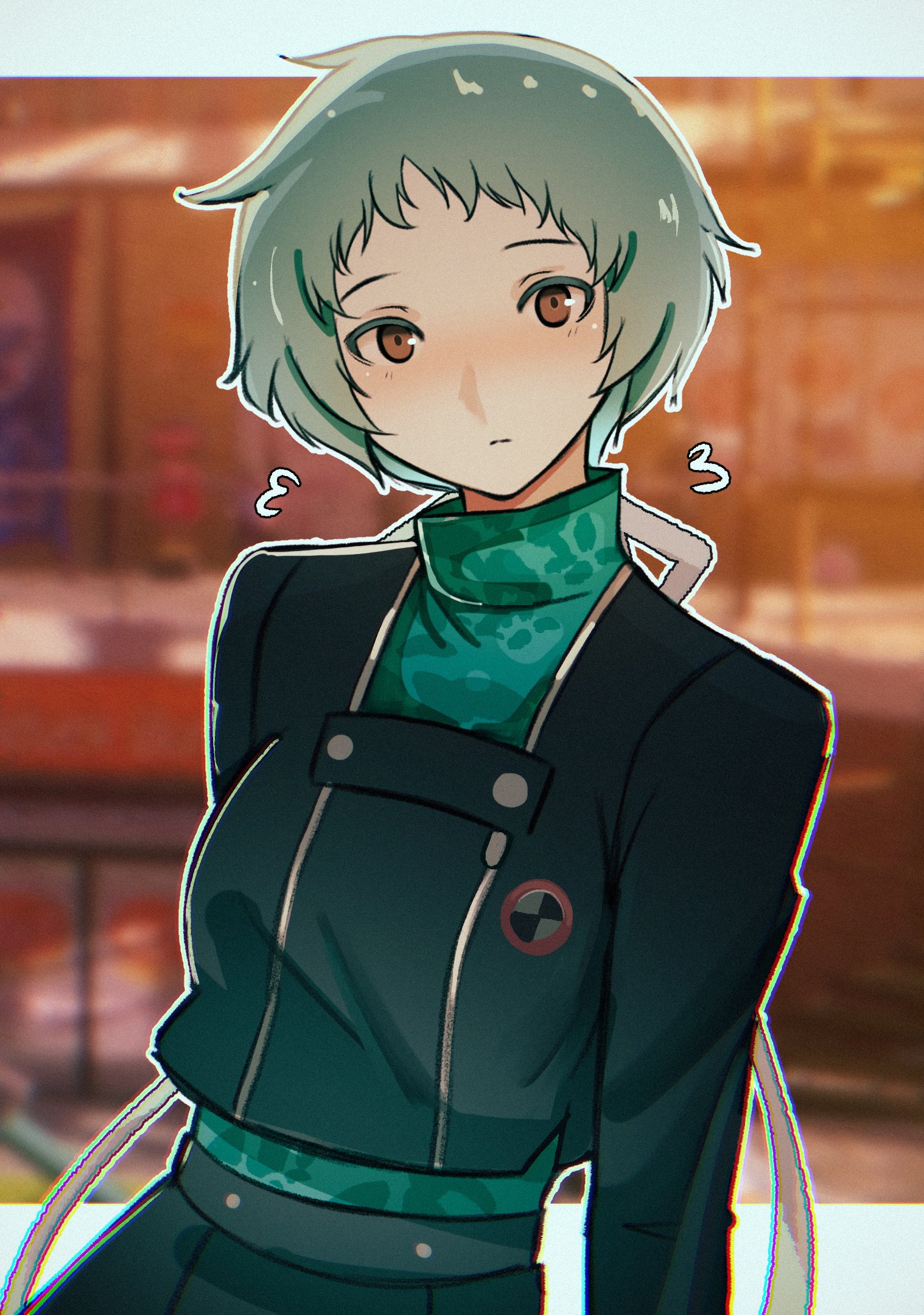 code nt, yamagishi fuuka, persona, persona 3, commentary, english commentary, highres, 1girl, aqua hair, aqua sweater, black jacket, black skirt, blurry, blurry background, blush, brown eyes, closed mouth, flying sweatdrops, gekkoukan high school uniform, jacket, long sleeves, looking at viewer, school uniform, short hair, skirt, solo, sweater, turtleneck, turtleneck sweater, upper body