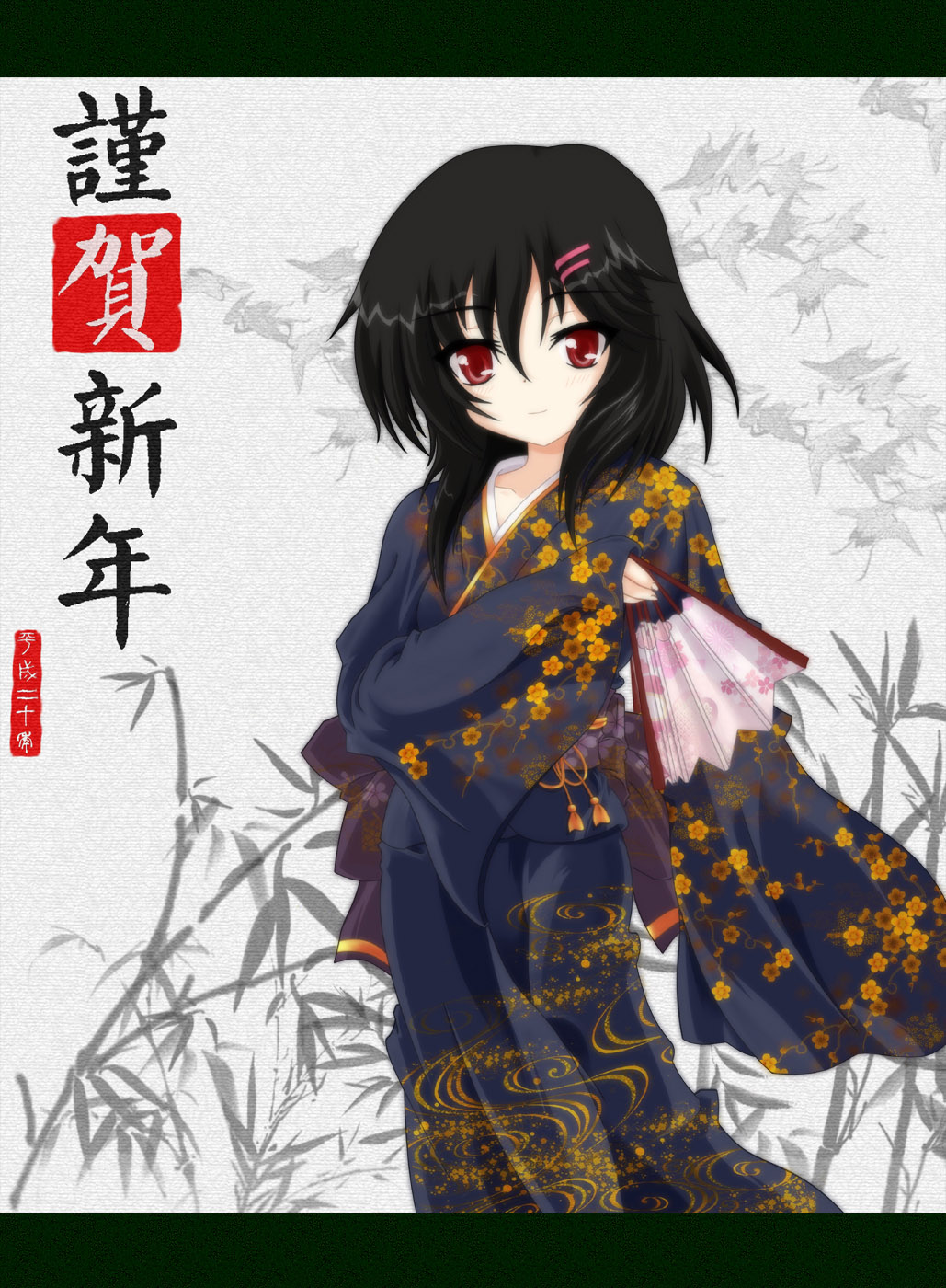 highres, black hair, folding fan, hair ornament, hairclip, hand fan, japanese clothes, kimono, red eyes, solo