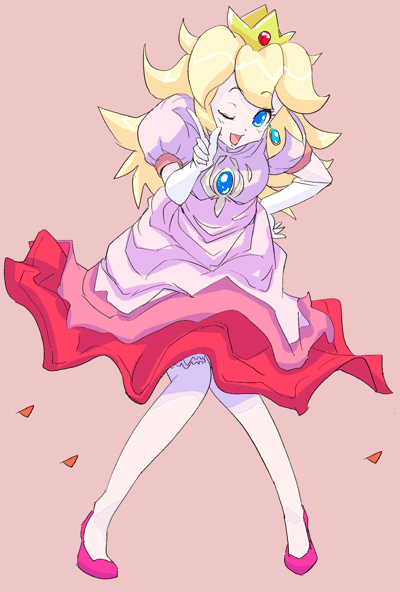 princess peach, mario (series), nintendo, 1girl, blonde hair, blue eyes, dress, female focus, gesture, one eye closed, pantyhose, pink dress, simple background, solo, white pantyhose, wink