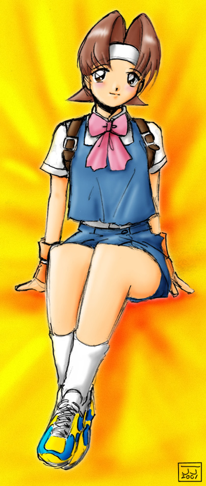 wakaba hinata, capcom, justice gakuen, shiritsu justice gakuen, 1girl, bow, brown eyes, brown hair, female focus, headband, pink bow, school uniform, serafuku, solo