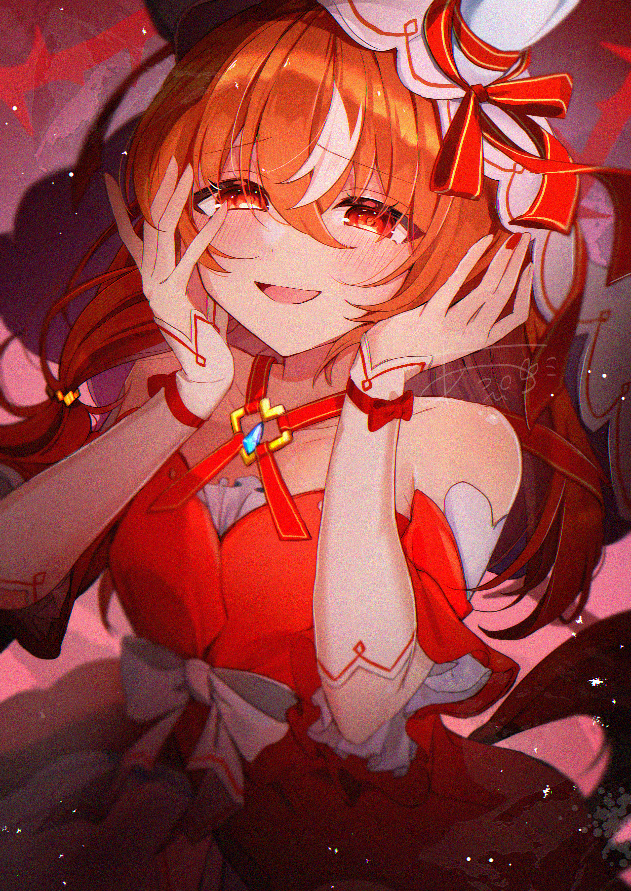 ap51, still in love (umamusume), umamusume, absurdres, commentary, highres, 1girl, animal ears, bare shoulders, blush, bow, brown hair, dress, hands on own face, horse ears, horse girl, horse tail, looking at viewer, multicolored hair, open mouth, red background, red bow, red dress, red eyes, simple background, sleeveless, sleeveless dress, smile, solo, streaked hair, tail, thorns, upper body, veil, white hair