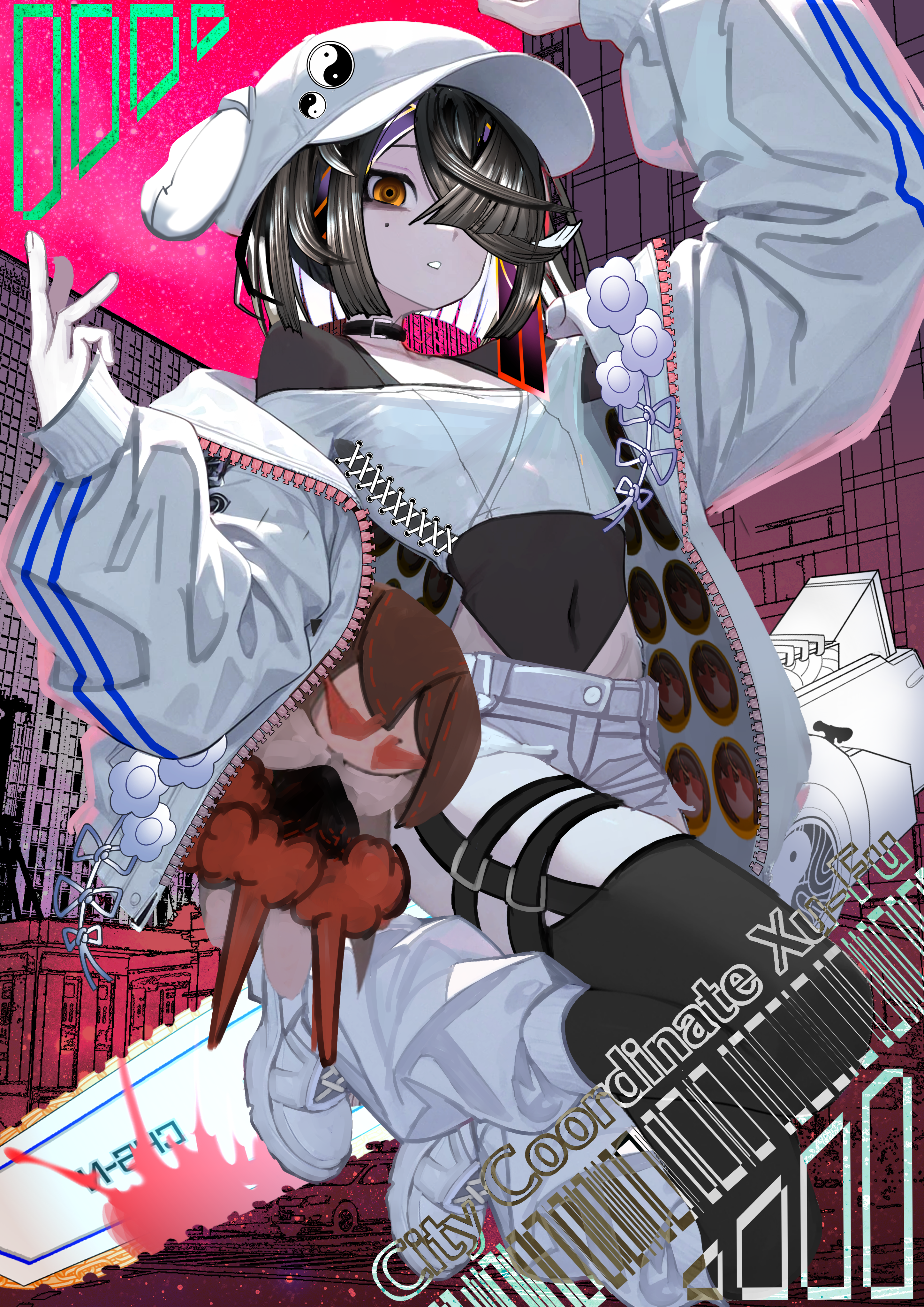 kitsunebi44410, xu fu (fate), xu fu (swimsuit avenger) (third ascension) (fate), fate/grand order, fate (series), absurdres, highres, 1girl, bare shoulders, black hair, breasts, brown eyes, chainsaw, hair over one eye, hat, jacket, lady yu doll, long sleeves, looking at viewer, midriff, mole, mole under eye, off shoulder, parted lips, shirt, short hair, shorts, sleeveless, sleeveless shirt, small breasts, solo, thighs, white hat, white jacket, white shirt, white shorts, yin yang, yin yang print