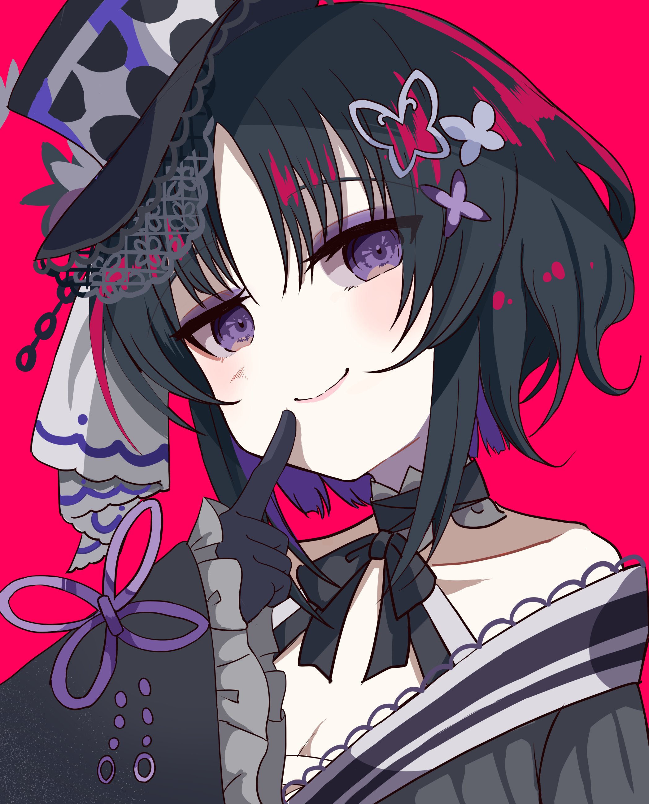 akarei (red spooky), houshou margo, mahou shoujo no majo saiban, absurdres, commentary request, highres, 1girl, bare shoulders, black gloves, black hair, black ribbon, butterfly hair ornament, choker, closed mouth, eyeshadow, finger to mouth, frilled sleeves, frills, gloves, hair ornament, hand up, hat, index finger raised, japanese clothes, lolita fashion, long sleeves, looking at viewer, magical girl, makeup, neck ribbon, parted bangs, pink background, purple eyes, purple eyeshadow, ribbon, short hair, simple background, smile, solo, top hat, upper body, wa lolita