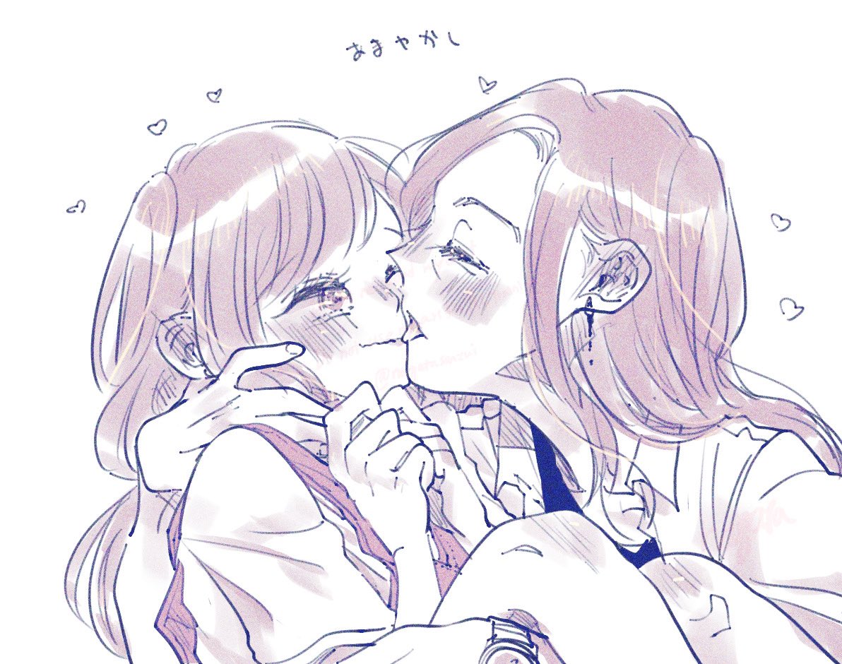 nagatasanzui, original, commentary, symbol-only commentary, translation request, 2girls, blush, ear blush, heart, licking, licking another's face, licking another's lips, long hair, monochrome, multiple girls, shirt, short sleeves, upper body, yuri