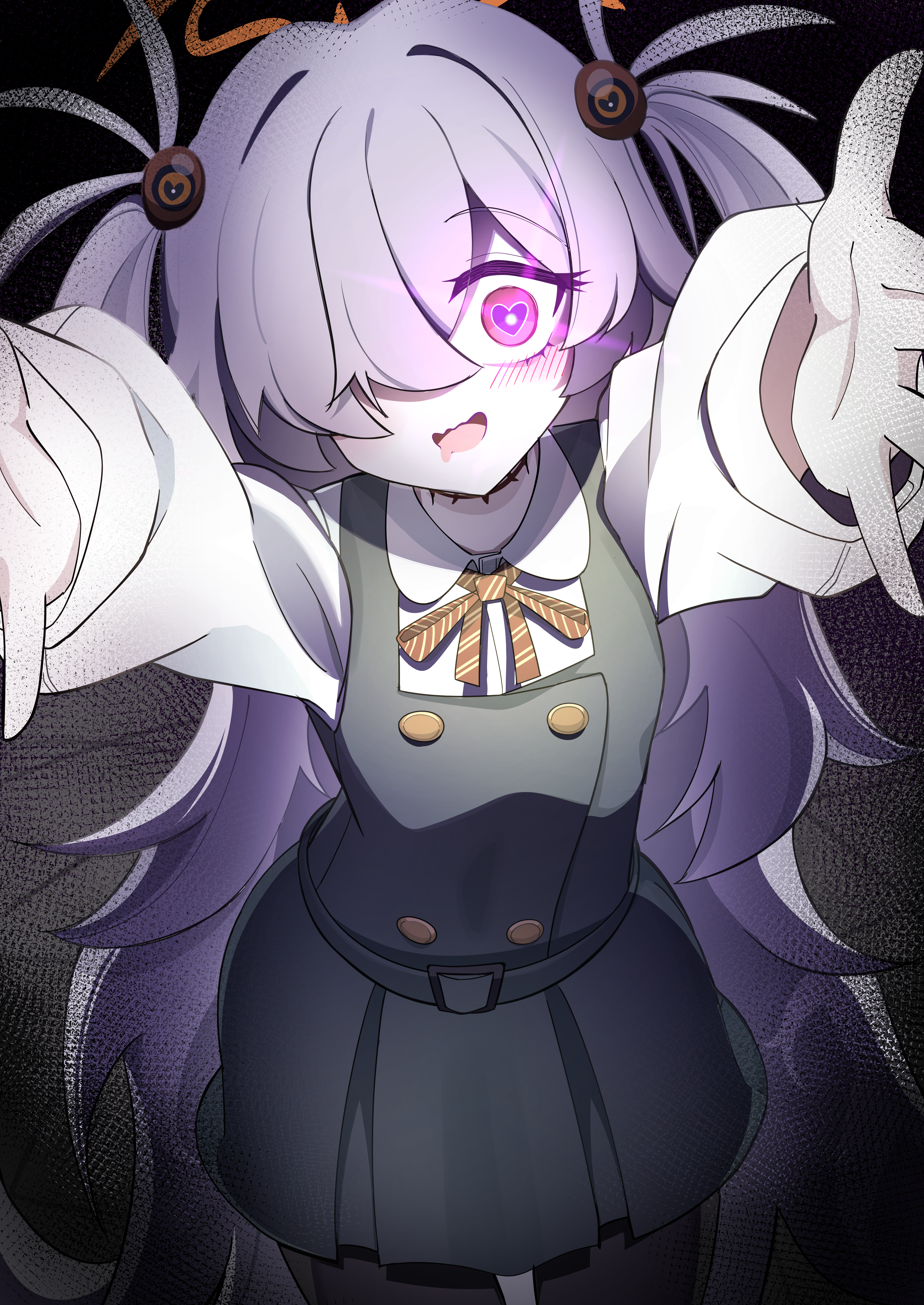 myrica kakikaki, kanoe (blue archive), blue archive, absurdres, commentary request, highres, 1girl, :d, arms up, black dress, black pantyhose, cowboy shot, diagonal-striped ribbon, dress, drooling, glowing, glowing eyes, grey hair, hair over one eye, halo, heart, heart-shaped pupils, long hair, long sleeves, looking at viewer, mouth drool, open mouth, orange halo, pantyhose, pinafore dress, pink eyes, reaching, reaching towards viewer, shirt, sleeveless, sleeveless dress, smile, solo, symbol-shaped pupils, two side up, very long hair, white shirt, yandere