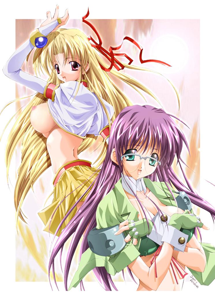 asuka keisuke, lunar wing, jpeg artifacts, 2girls, blonde hair, breasts, glasses, green eyes, huge breasts, multiple girls, purple hair, red eyes
