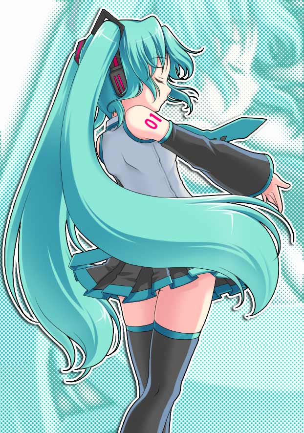 hatsune miku, vocaloid, closed eyes, detached sleeves, green hair, long hair, solo, thighhighs, twintails, very long hair