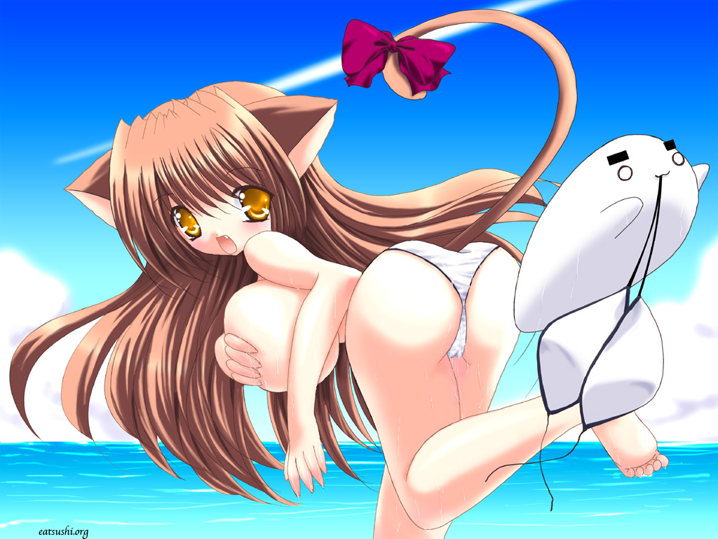 shikigami azuma, breast hold, 1girl, ass, barefoot, bent over, bikini, breasts, cameltoe, clothes theft, covering breasts, covering privates, feet, female focus, huge breasts, panties, pussy, pussy juice, shy, sideboob, solo, swimsuit, swimsuit theft, theft, toes, underwear, water