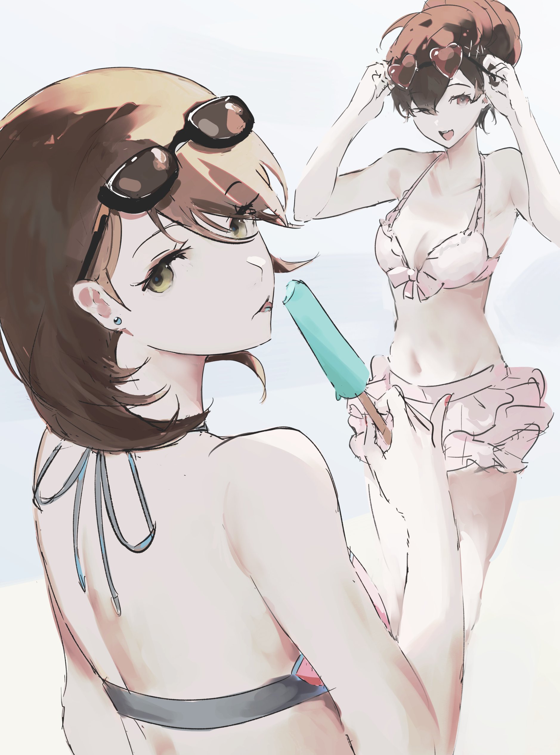k1kiwa, shiomi kotone, takeba yukari, persona, persona 3, persona 3 portable, absurdres, commentary, english commentary, highres, 2girls, bare arms, bare shoulders, bikini, bikini skirt, black-framed eyewear, breasts, brown eyes, brown hair, cleavage, collarbone, earrings, eyewear on head, feet out of frame, food, from behind, hair between eyes, halterneck, heart, heart-shaped eyewear, holding, holding food, holding popsicle, jewelry, looking at viewer, looking back, multiple girls, open mouth, pink bikini, popsicle, short hair, simple background, small breasts, stud earrings, sunglasses, swimsuit, tongue, tongue out, upper body
