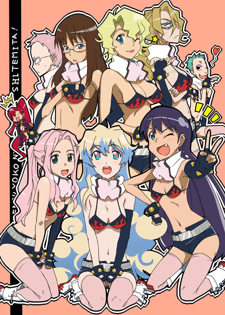 urokozuki, cybela kuto, darry adai, kinon bachika, kiyal bachika, kiyoh bachika, leeron littner, leite jokin, nia teppelin, yoko littner, tengen toppa gurren lagann, 1boy, 6+girls, belt, bikini, bikini top only, blonde hair, boots, breasts, brown hair, cleavage, cosplay, elbow gloves, everyone, fang, fingerless gloves, glasses, gloves, green hair, heart, large breasts, long hair, medium breasts, midriff, multiple girls, navel, pink hair, ponytail, purple hair, scarf, short hair, short shorts, shorts, swimsuit, thighhighs, v, white hair, yoko littner (cosplay)