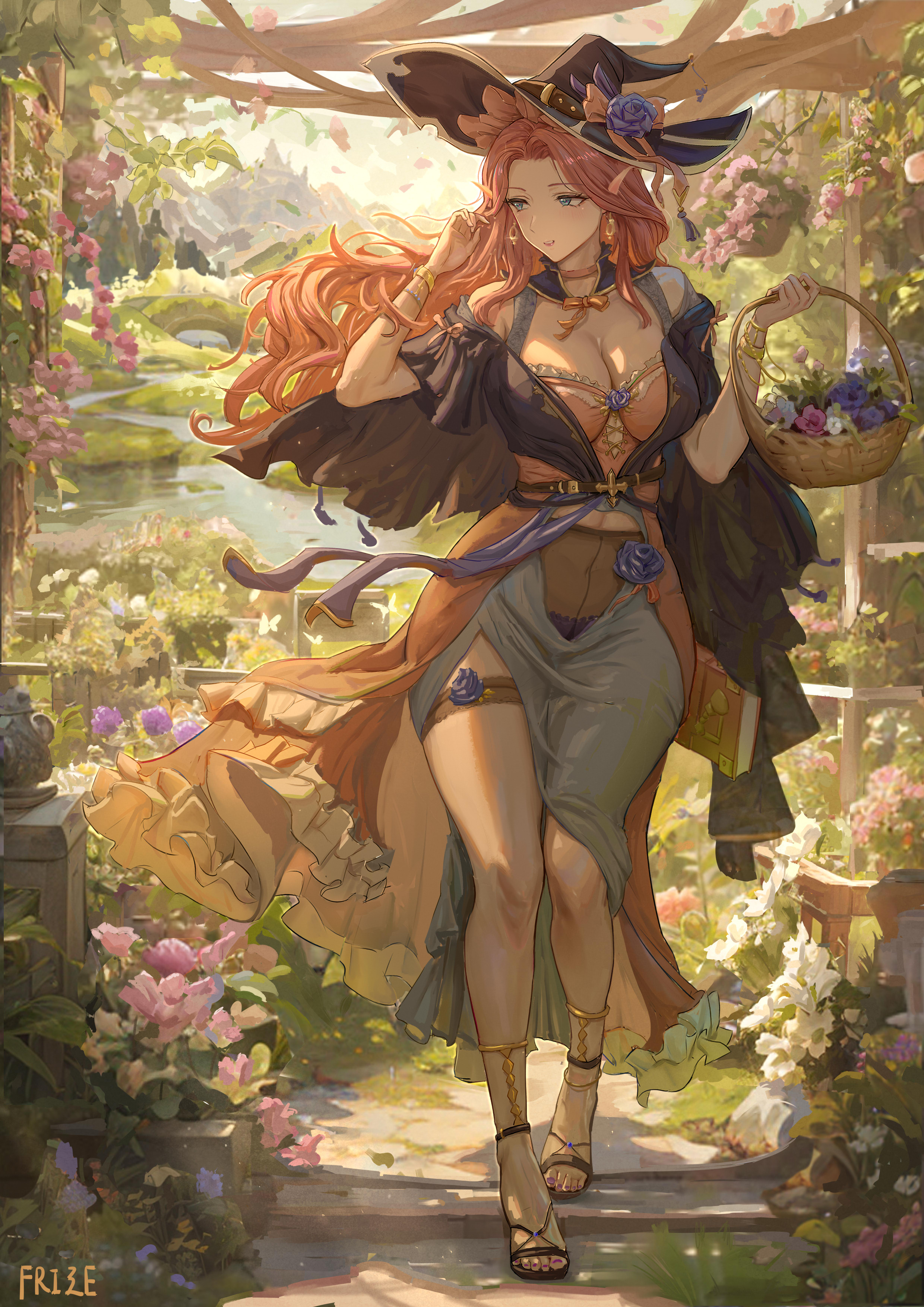 frize fulei, original, absurdres, highres, 1girl, basket, black coat, coat, dress, elf, green eyes, hat, holding, holding basket, long hair, mature female, pointy ears, red hair, solo, witch, witch hat