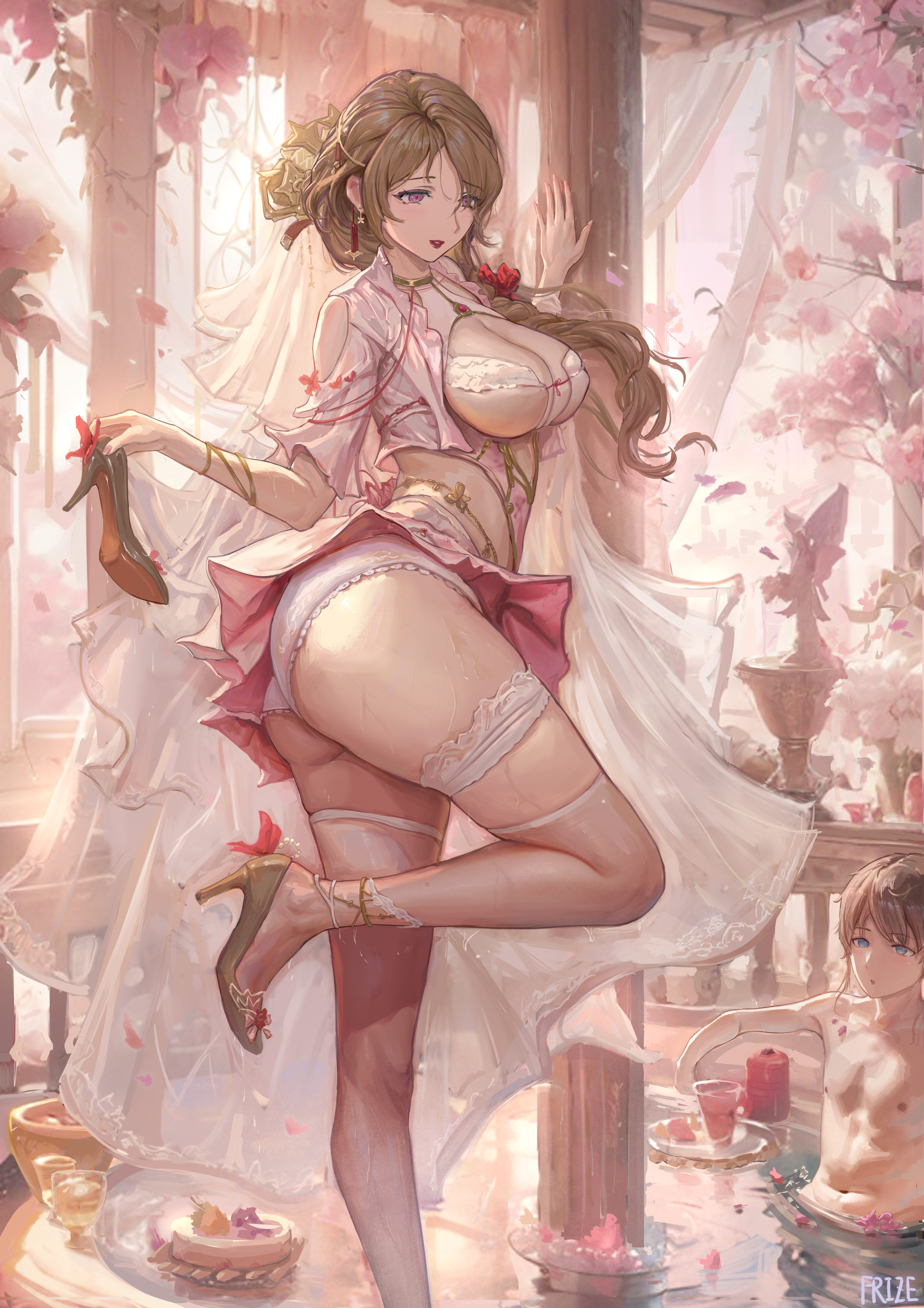 frize fulei, original, absurdres, highres, 1boy, 1girl, bath, blue eyes, brown hair, dress, high heels, mature female, pink dress, purple eyes, thighhighs, underwear