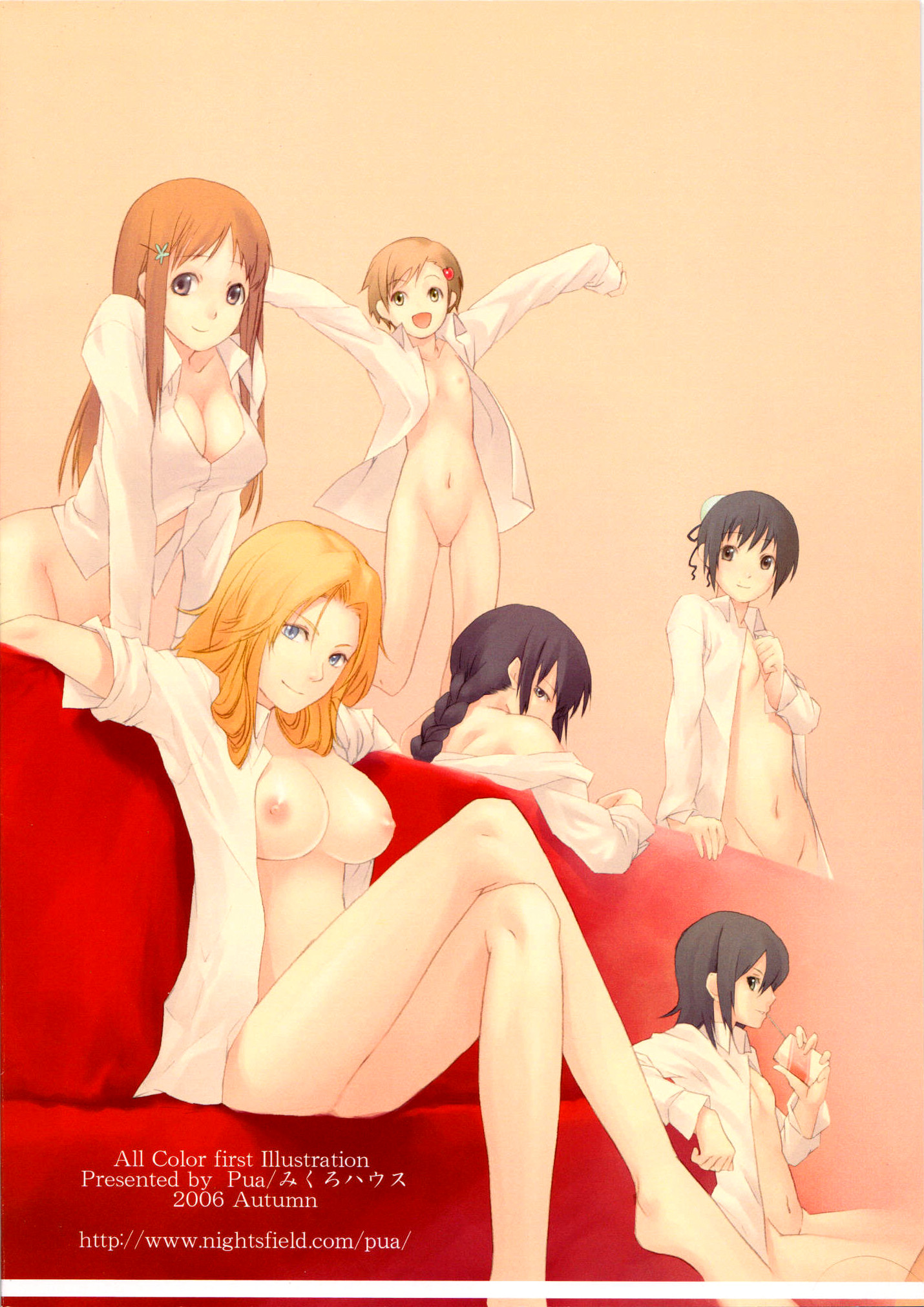 pua, hinamori momo, inoue orihime, kuchiki rukia, kurosaki yuzu, kurotsuchi nemu, matsumoto rangiku, bleach, highres, 00s, 6+girls, barefoot, black hair, blonde hair, blue eyes, bottomless, braid, breasts, brown eyes, bun cover, casual nudity, cleavage, couch, crossed legs, dress shirt, drinking, drinking straw, everyone, feet, flat chest, grey eyes, hair ornament, hairclip, large breasts, loli, long hair, long legs, looking back, multiple girls, naked shirt, navel, nipples, no pussy, open clothes, open shirt, orange hair, outstretched arms, pink eyes, shirt, short hair, single braid, sitting, smile, spread arms, white shirt, yellow eyes
