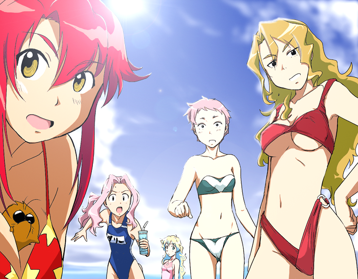 takaya n, boota (ttgl), cybela kuto, darry adai, leite jokin, nia teppelin, yoko littner, tengen toppa gurren lagann, 00s, 5girls, animal, animal between breasts, beach, between breasts, bikini, blonde hair, breasts, cloud, competition swimsuit, day, highleg, highleg bikini, long hair, medium breasts, multiple girls, one-piece swimsuit, open mouth, outdoors, pink hair, ponytail, red hair, short hair, sky, swimsuit, underboob, yellow eyes