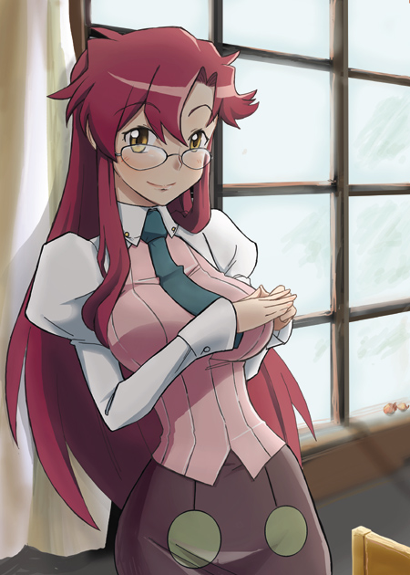 yoko littner, yomako, tengen toppa gurren lagann, 00s, 1girl, aged up, alternate hairstyle, female focus, glasses, hair down, long hair, necktie, red hair, skirt, smile, solo, teacher, window, yellow eyes