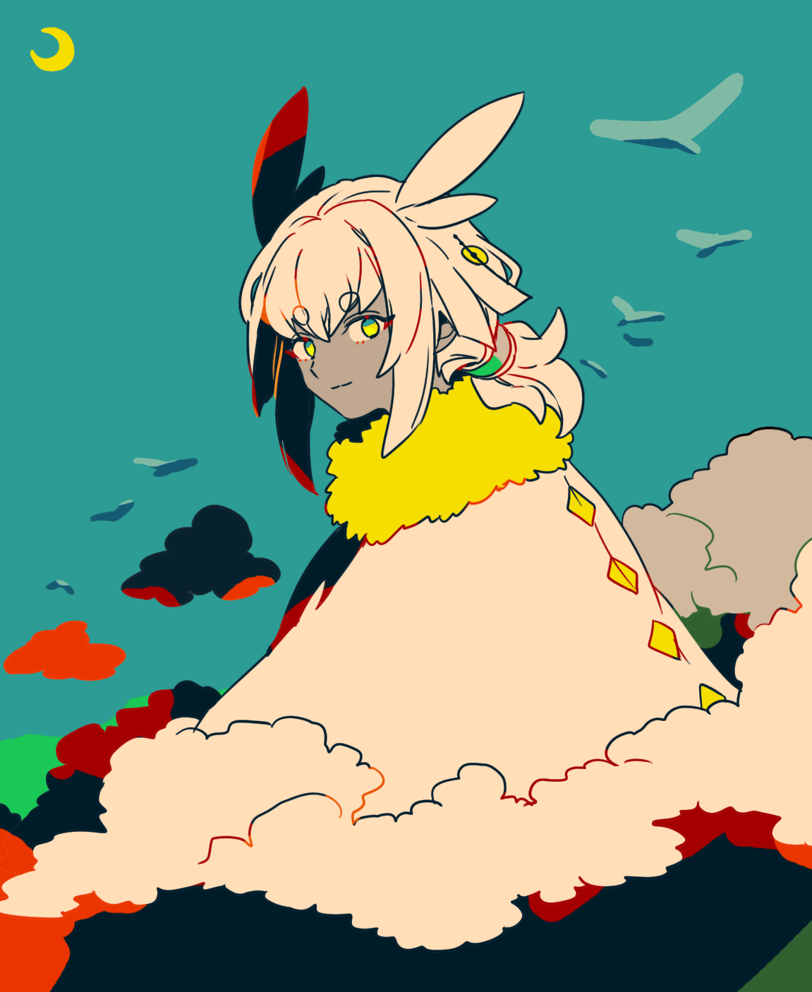 mizuki tsukimori, sky child, sky: children of the light, commentary request, highres, 1girl, blue sky, cloak, cloud, colored skin, fur-trimmed cloak, fur trim, green eyes, grey skin, long hair, looking at viewer, outdoors, ponytail, simple bird, sitting, sky, solo, thick eyebrows, white cloak, white hair
