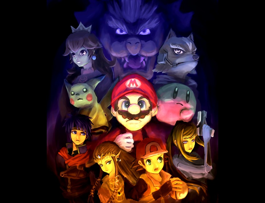 borero, bowser, fox mccloud, ike (fire emblem), kirby, mario, pikachu, princess peach, princess zelda, red (pokemon), red (pokemon frlg), samus aran, fire emblem, fire emblem: path of radiance, kirby (series), mario (series), metroid, nintendo, pokemon, pokemon frlg, star fox, super smash bros., the legend of zelda, the legend of zelda: twilight princess, 00s, 3girls, 5boys, black background, blonde hair, blue eyes, blue hair, brown hair, crown, dark, earrings, everyone, facial hair, fangs, furry, gen 1 pokemon, green eyes, gun, hair ribbon, handgun, hat, headband, holding, holding poke ball, jewelry, long hair, multiple boys, multiple girls, mustache, poke ball, pokemon (creature), ponytail, purple eyes, ribbon, skin tight, weapon, zero suit
