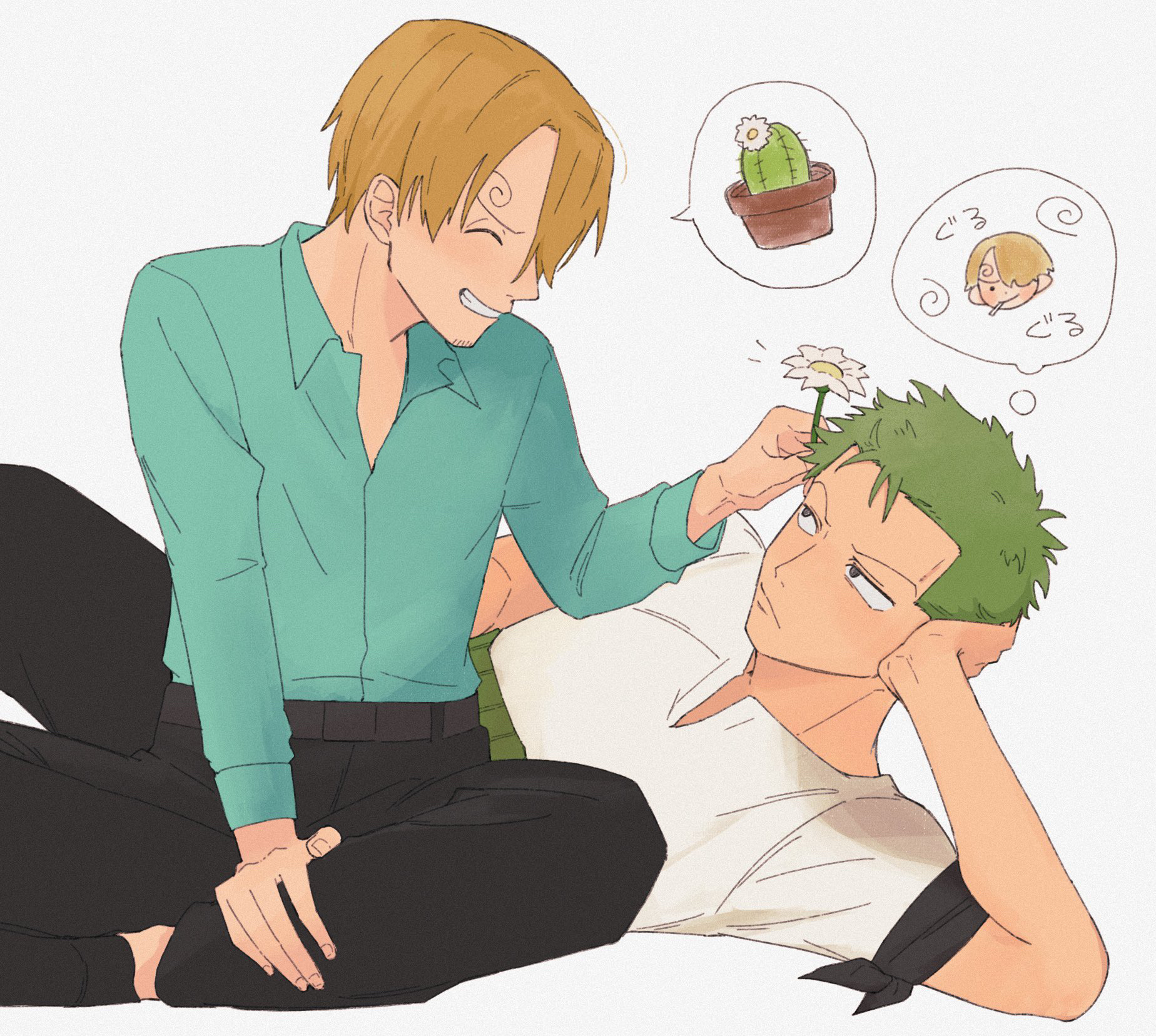 iqracha, roronoa zoro, sanji (one piece), one piece, commentary request, highres, 2boys, black eyes, black pants, blue shirt, cactus, closed eyes, closed mouth, curly eyebrows, facial hair, flower, goatee stubble, green hair, grin, happy, looking at another, lying, male focus, multiple boys, on side, pants, shirt, short hair, sitting, smile, speech bubble, spoken character, spoken object, stubble, thought bubble, white background, white flower, yaoi