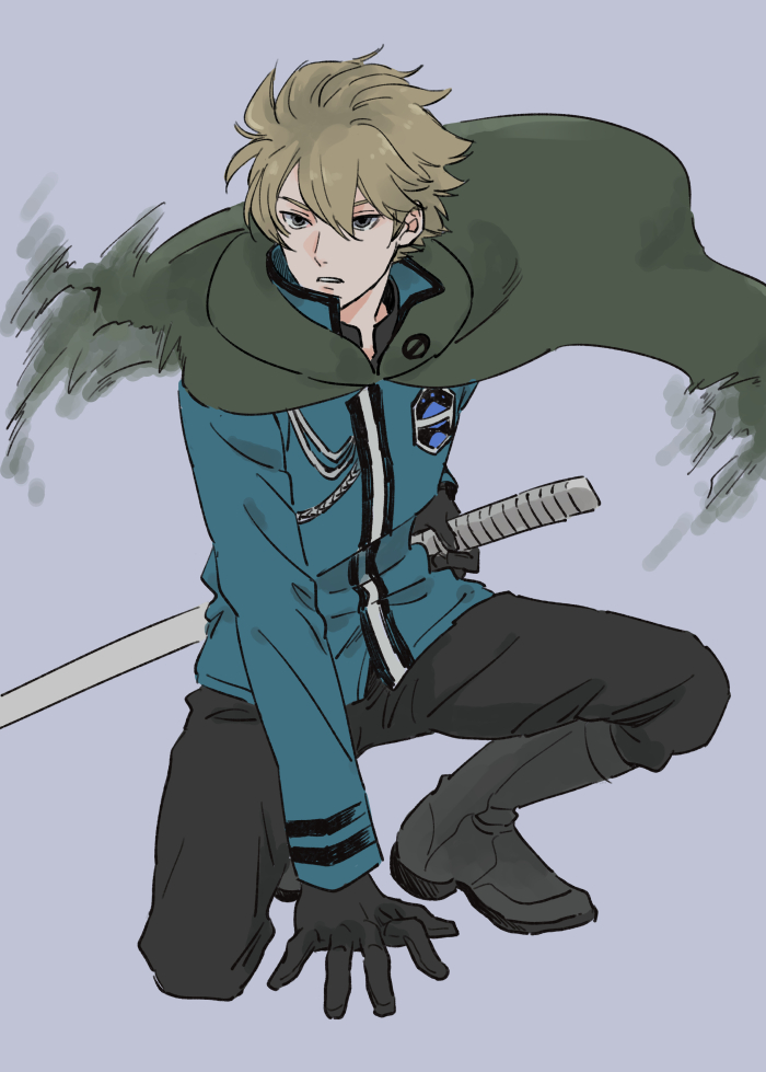 mochizuki (osatou), hyuse, world trigger, brown hair, cape, jacket, male focus, sword, weapon, white background