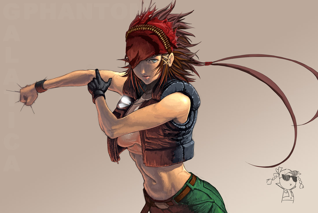 nekkeau, clark still, ralf jones, snk, the king of fighters, gender request, 1girl, belt, blue eyes, braid, brown hair, female focus, genderswap, gloves, midriff, navel, sleeveless, solo, tank top, twin braids