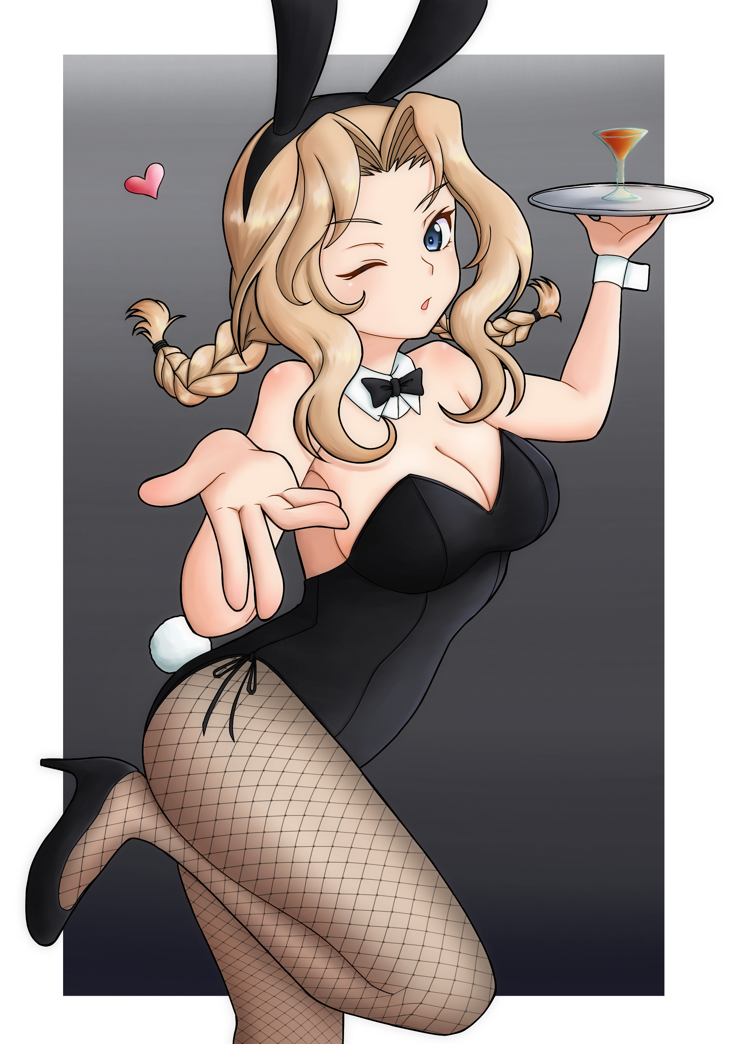 amanone yun, kay (girls und panzer), girls und panzer, absurdres, highres, 1girl, alternate costume, alternate hairstyle, animal ears, black background, black bow, black bowtie, black leotard, black shoes, blonde hair, blowing kiss, blue eyes, bow, bowtie, braid, breasts, cocktail glass, cowboy shot, cup, detached collar, drinking glass, fake animal ears, fake tail, fishnet pantyhose, fishnets, grey pantyhose, hair intakes, hair tie, hair up, heart, high heels, holding, holding tray, leg up, leotard, looking at viewer, medium breasts, medium hair, one eye closed, open mouth, pantyhose, playboy bunny, rabbit ears, rabbit tail, shoes, side-tie leotard, solo, standing, standing on one leg, strapless, strapless leotard, tail, tray, twin braids, wing collar, wrist cuffs