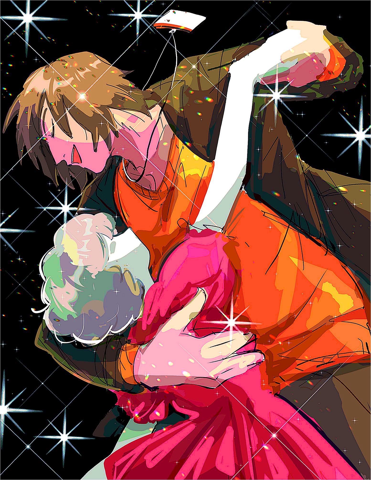 kiri taberenai, nikaidou rui, yamamoto fuyuki, odd taxi, fluffy hair, highres, spoilers, 1boy, 1girl, arm around back, black background, bob cut, border, brown hair, brown jacket, brown pants, closed eyes, collarbone, colored skin, cowboy shot, dress, faceless, faceless female, floating neckwear, from side, grin, height difference, holding hands, jacket, lanyard, lens flare, open clothes, open jacket, open mouth, orange sweater, pants, pink dress, profile, puffy short sleeves, puffy sleeves, short hair, short sleeves, smile, sparkle, sweater, swept bangs, waltz (dance), white border, white hair, white skin