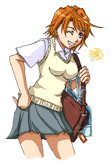 yakibuta, tokiha mai, my-hime, toaru kagaku no railgun, toaru majutsu no index, md5 mismatch, 00s, 1girl, ahoge, alternate costume, bag, bare legs, brown bag, clenched teeth, collared shirt, cowboy shot, female focus, grey skirt, grin, hair between eyes, hand on own hip, leaning, leaning forward, looking at viewer, miniskirt, oekaki, one eye closed, orange hair, purple eyes, school bag, school uniform, serafuku, shirt, short hair, short sleeves, skirt, smile, solo, standing, sweater vest, teeth, tokiwadai school uniform, white background, white shirt, wink, yellow sweater vest