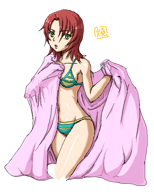 yakibuta, juliet nao zhang, yuuki nao, my-hime, my-otome, md5 mismatch, 00s, 1girl, bikini, brown hair, female focus, green eyes, simple background, solo, striped bikini, striped clothes, swimsuit, towel, white background