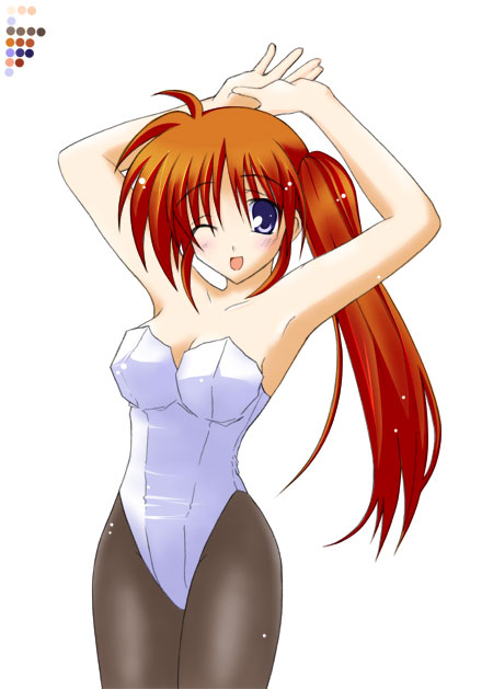takamachi nanoha, lyrical nanoha, mahou shoujo lyrical nanoha, mahou shoujo lyrical nanoha strikers, 00s, 1girl, animal ears, arms up, black pantyhose, blue eyes, breasts, brown hair, cleavage, fake animal ears, female focus, leotard, long hair, looking at viewer, medium breasts, one eye closed, open mouth, pantyhose, playboy bunny, ponytail, purple eyes, rabbit ears, race queen, red hair, side ponytail, simple background, smile, solo, strapless, white background