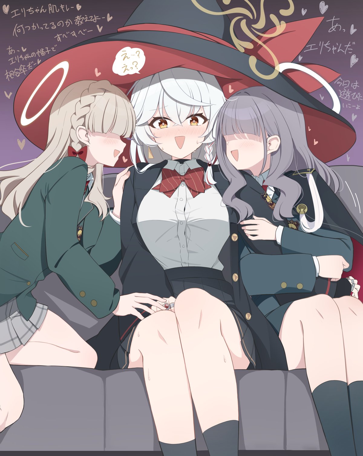 hoshino ouka, eri (blue archive), blue archive, highres, translation request, 3girls, arm hug, black skirt, blazer, blush, bow, bowtie, braid, breasts, couch, halo, hat, jacket, large breasts, long sleeves, looking at viewer, multiple girls, nervous sweating, open mouth, plaid clothes, plaid skirt, red bow, red bowtie, shirt, sitting, skirt, sweat, triangle, white hair, white shirt, witch hat, yuri